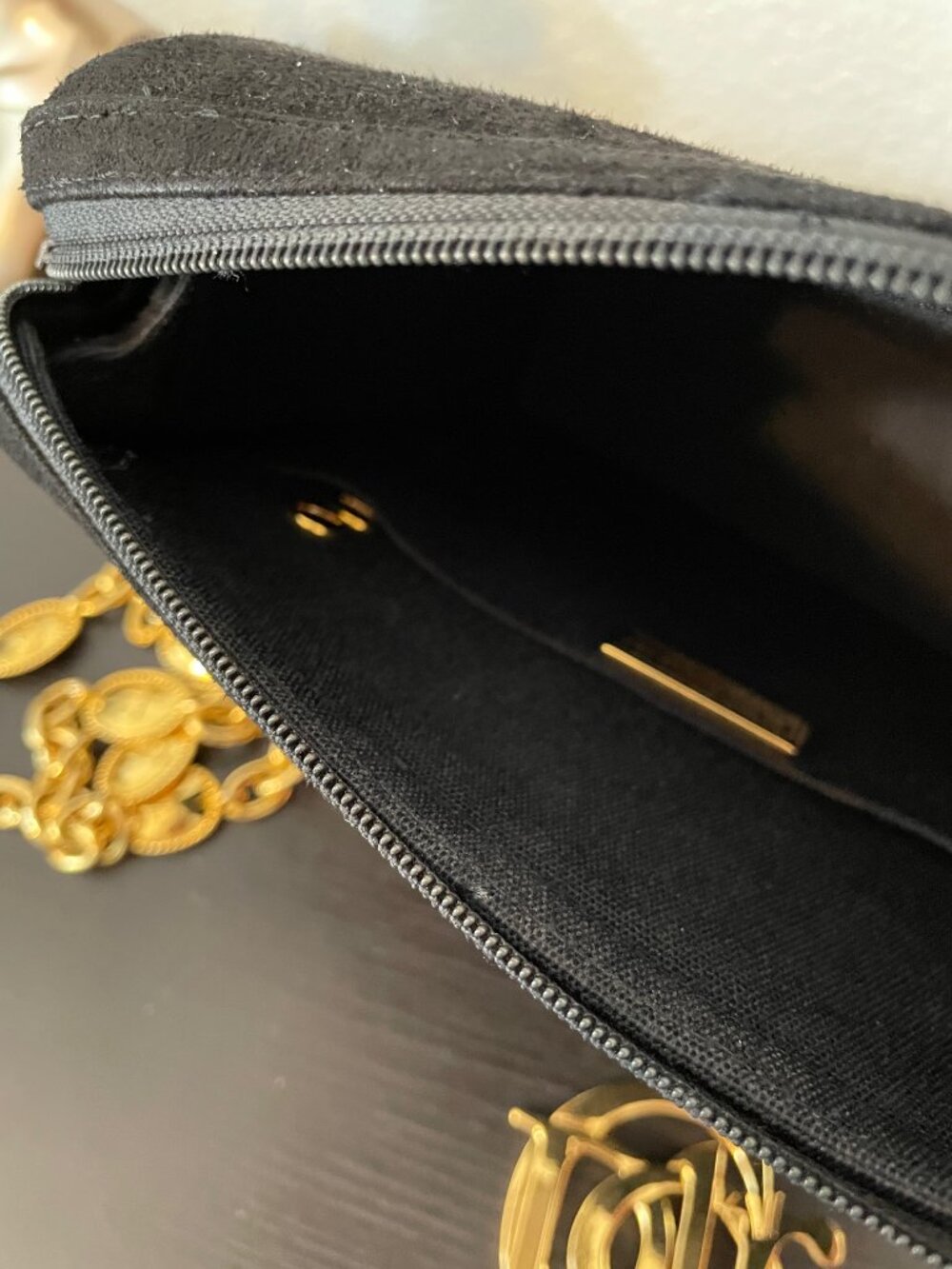 Vintage Dior black suede bag with gold chain with logo, Christian Dior evening - Picture 3 of 6